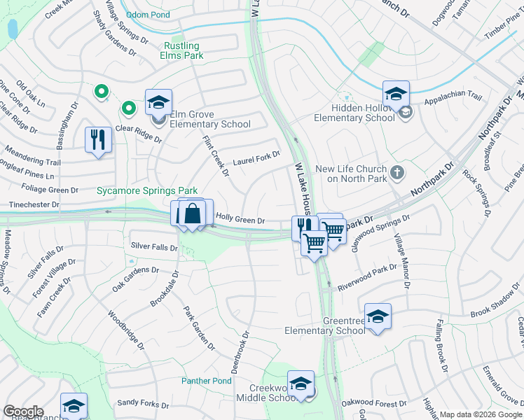 map of restaurants, bars, coffee shops, grocery stores, and more near 3910 Hidden Glen Drive in Humble