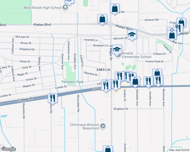 map of restaurants, bars, coffee shops, grocery stores, and more near 8645 Skyview Drive in Beaumont