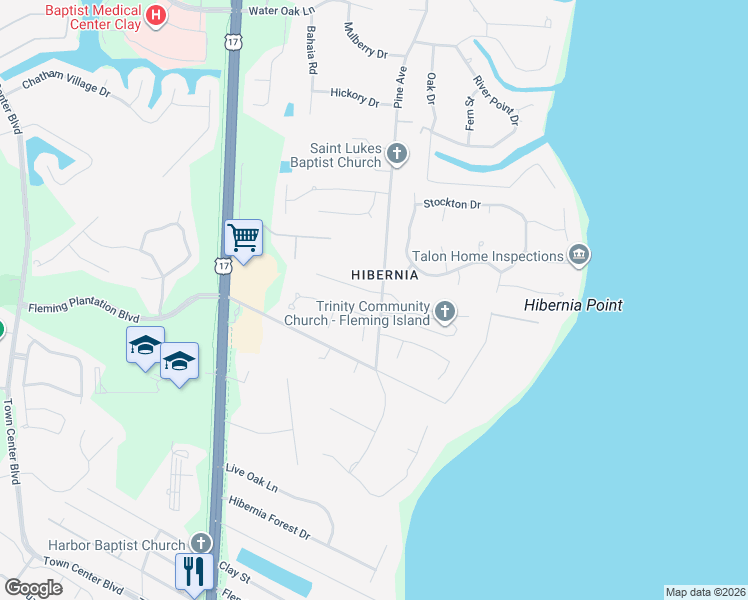 map of restaurants, bars, coffee shops, grocery stores, and more near 105 Oakwood Plantation Drive in Fleming Island