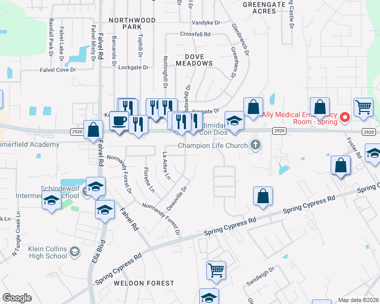 map of restaurants, bars, coffee shops, grocery stores, and more near 3322 La Mer Lane in Spring