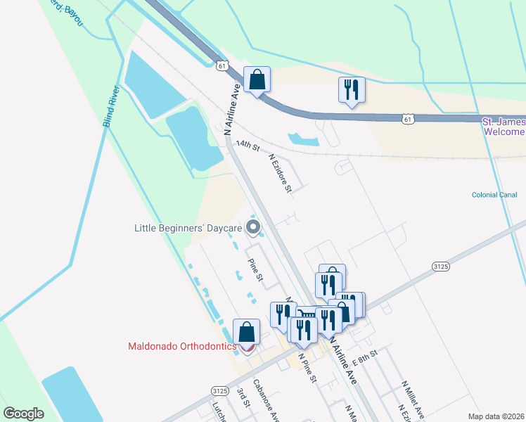 map of restaurants, bars, coffee shops, grocery stores, and more near 1225 North Airline Avenue in Gramercy