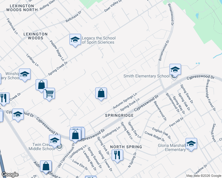 map of restaurants, bars, coffee shops, grocery stores, and more near 24511 Split Rail Ridge in Spring