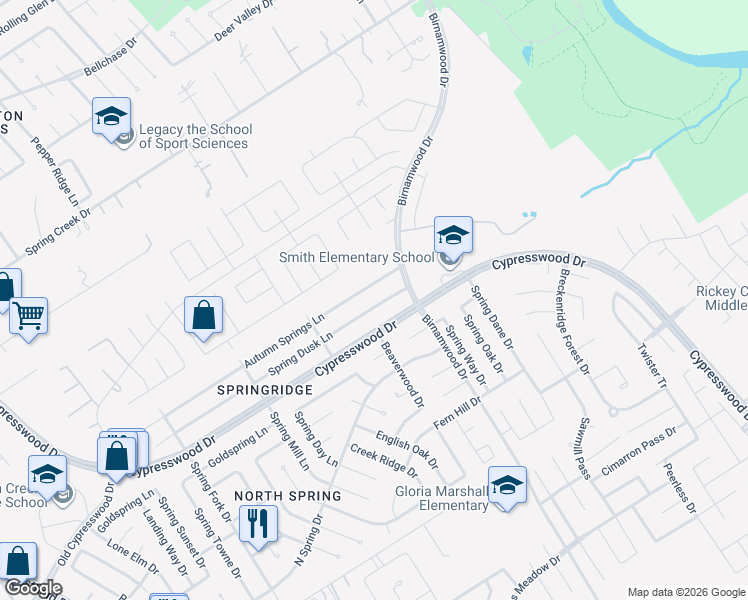 map of restaurants, bars, coffee shops, grocery stores, and more near 2827 Spring Dusk Drive in Spring