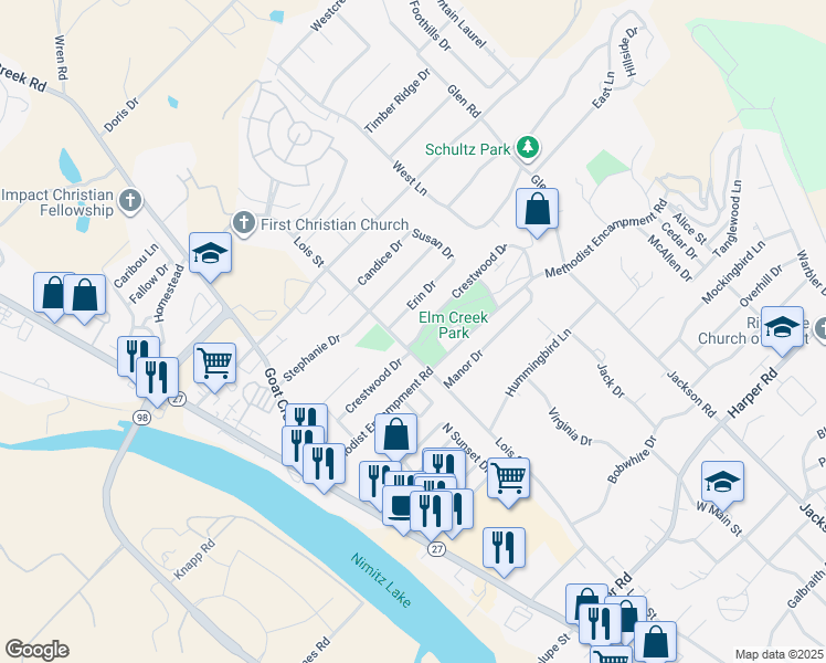 map of restaurants, bars, coffee shops, grocery stores, and more near 204 Crestwood Drive in Kerrville