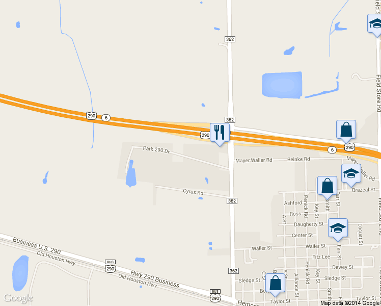 map of restaurants, bars, coffee shops, grocery stores, and more near 41146 Park 290 Dr in Waller