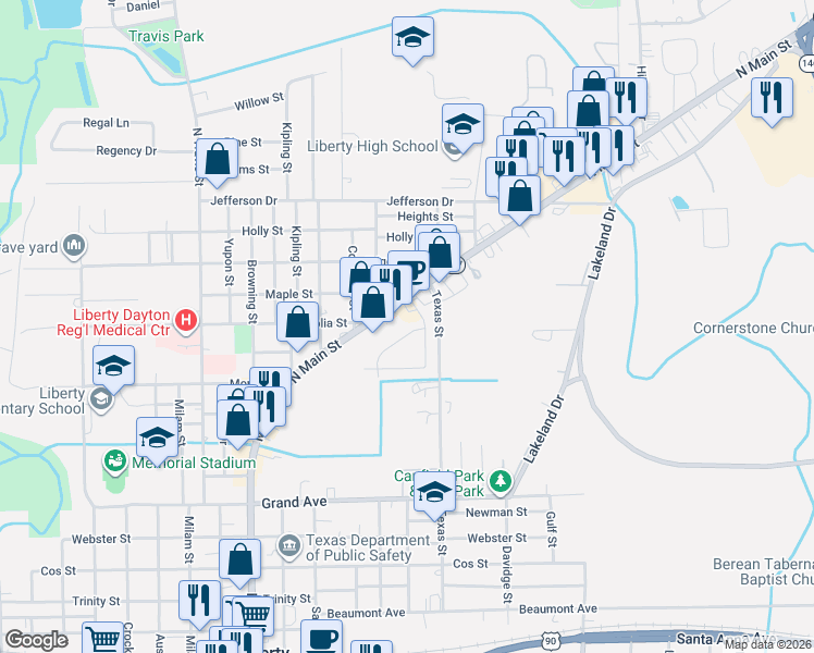 map of restaurants, bars, coffee shops, grocery stores, and more near 1016-1098 Oak Drive in Liberty
