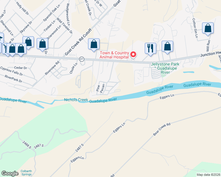 map of restaurants, bars, coffee shops, grocery stores, and more near 52 Maple Drive South in Kerrville