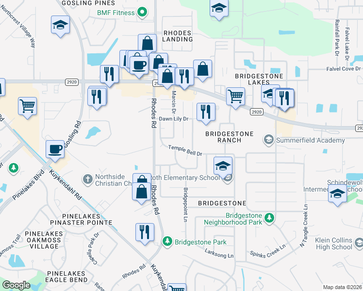 map of restaurants, bars, coffee shops, grocery stores, and more near 4918 Temple Bell Drive in Spring