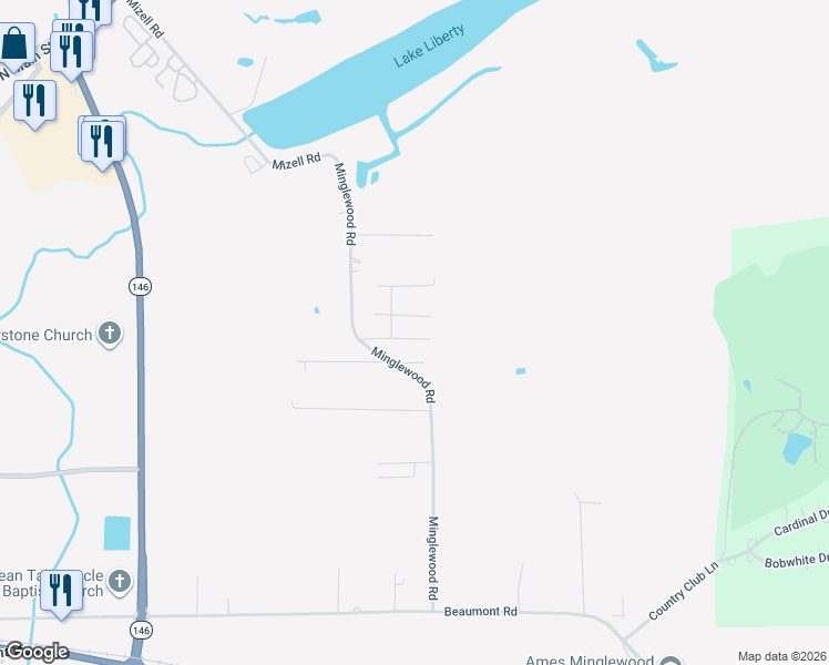 map of restaurants, bars, coffee shops, grocery stores, and more near 210 Chesson Lane in Liberty