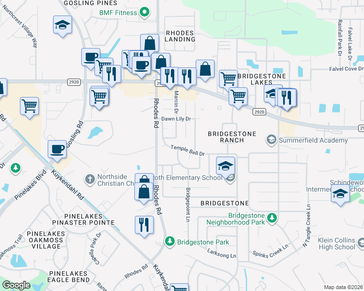 map of restaurants, bars, coffee shops, grocery stores, and more near 4918 Temple Bell Drive in Spring