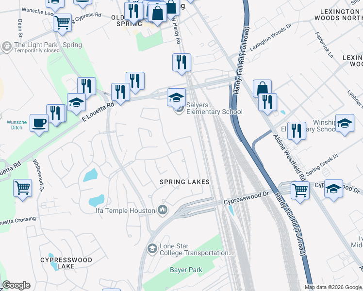 map of restaurants, bars, coffee shops, grocery stores, and more near 1023 Spring Lakes Haven in Spring