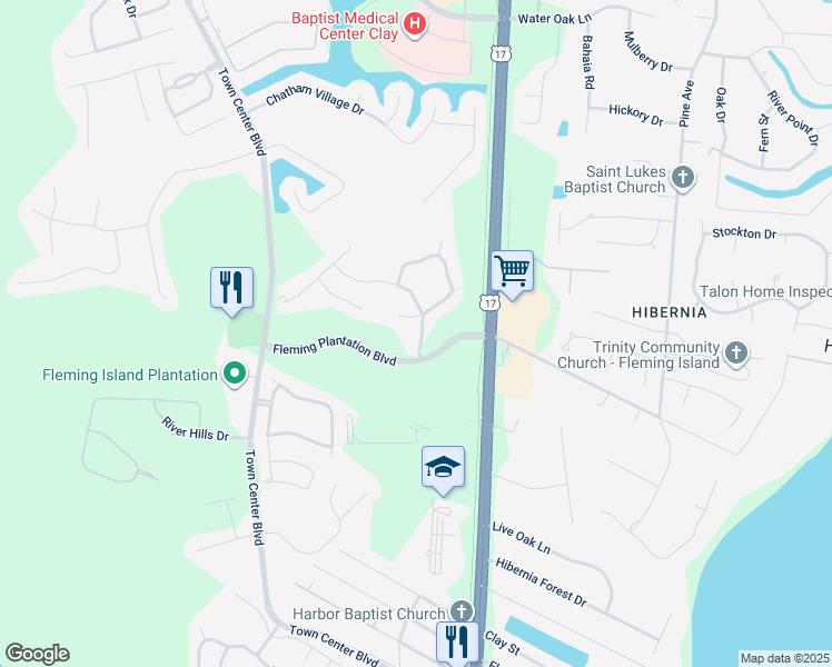 map of restaurants, bars, coffee shops, grocery stores, and more near 2476 Southern Links Drive in Orange Park