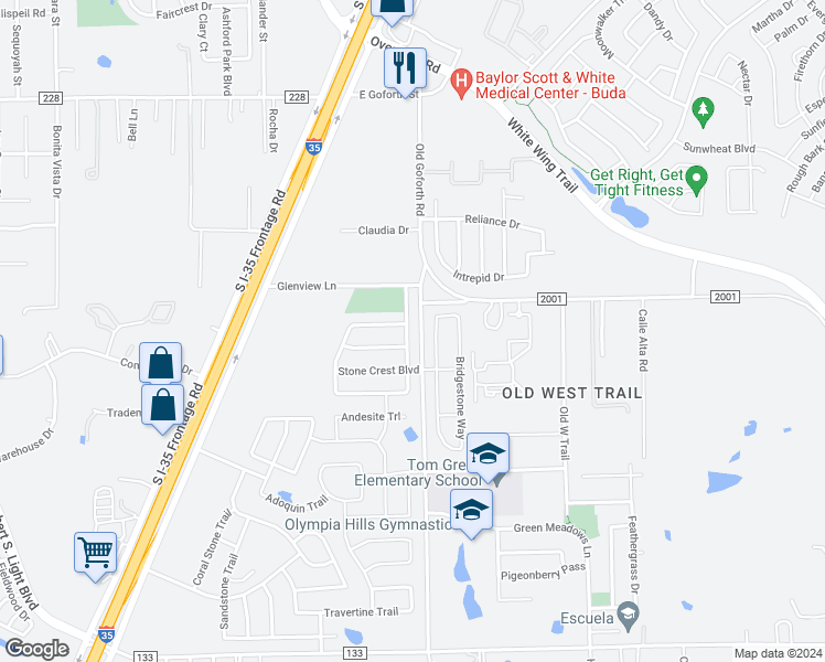 map of restaurants, bars, coffee shops, grocery stores, and more near 1201 Stone Rim Loop in Buda