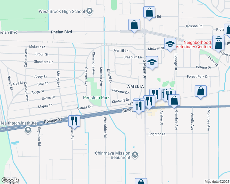 map of restaurants, bars, coffee shops, grocery stores, and more near 640 Lee Ann Lane in Beaumont
