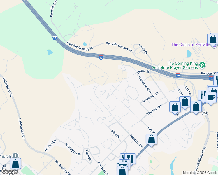 map of restaurants, bars, coffee shops, grocery stores, and more near 1802 Jonas Drive in Kerrville