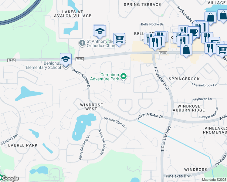 map of restaurants, bars, coffee shops, grocery stores, and more near 21011 Summer Trace Lane in Spring