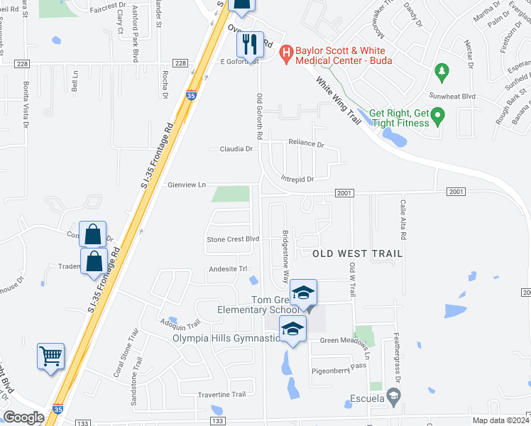 map of restaurants, bars, coffee shops, grocery stores, and more near 191 Bridgestone Way in Buda