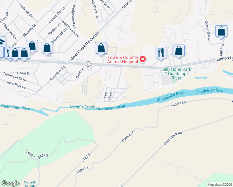 map of restaurants, bars, coffee shops, grocery stores, and more near 52 Maple Drive South in Kerrville