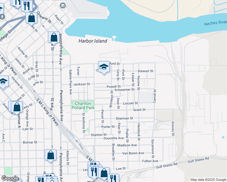 map of restaurants, bars, coffee shops, grocery stores, and more near 1915 Brooklyn Street in Beaumont