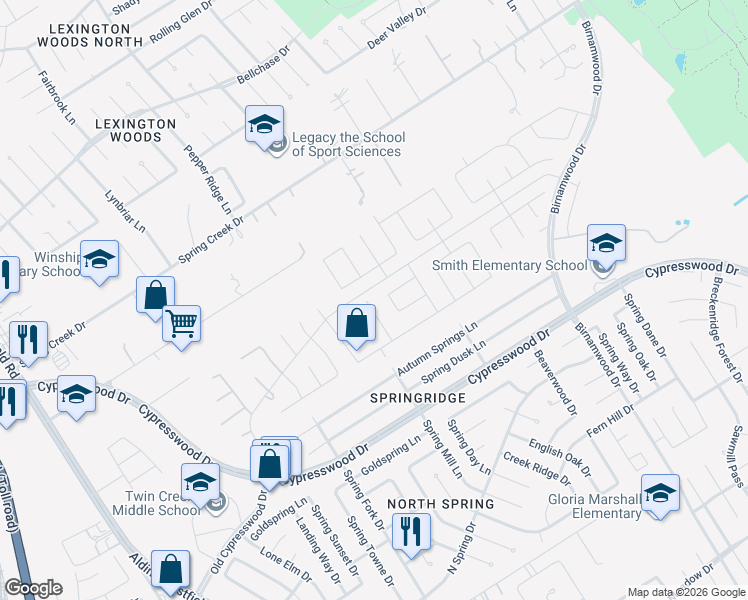map of restaurants, bars, coffee shops, grocery stores, and more near 24511 Split Rail Ridge in Spring