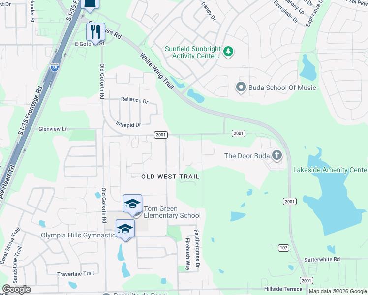 map of restaurants, bars, coffee shops, grocery stores, and more near 109 Old West Trail in Buda