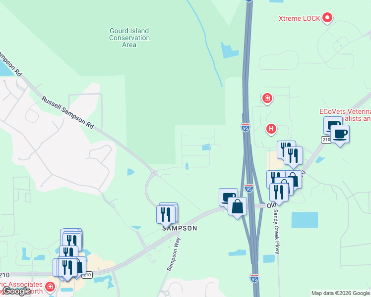 map of restaurants, bars, coffee shops, grocery stores, and more near 10165A Terrell Pappy Road in Saint Johns