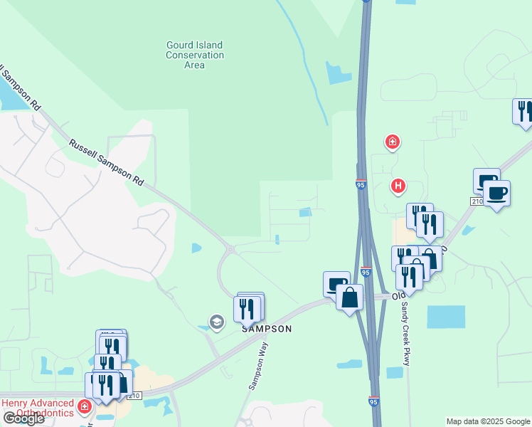 map of restaurants, bars, coffee shops, grocery stores, and more near 10165A Terrell Pappy Road in Saint Johns