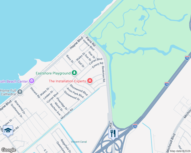 map of restaurants, bars, coffee shops, grocery stores, and more near 14528 Duane Road in New Orleans