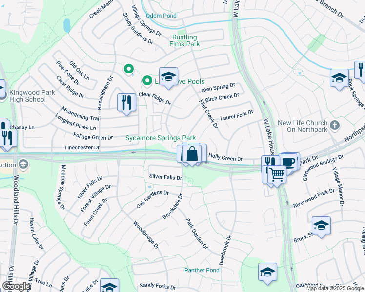 map of restaurants, bars, coffee shops, grocery stores, and more near 2921 Elm Grove Court in Humble