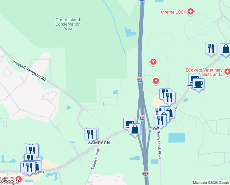 map of restaurants, bars, coffee shops, grocery stores, and more near 10130 Terrell Pappy Road in Jacksonville