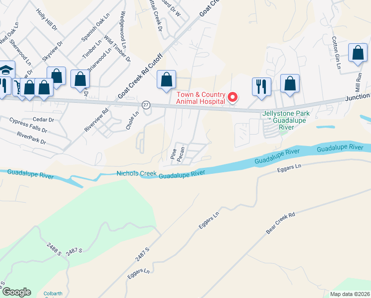 map of restaurants, bars, coffee shops, grocery stores, and more near 68 Pecan Drive South in Kerrville