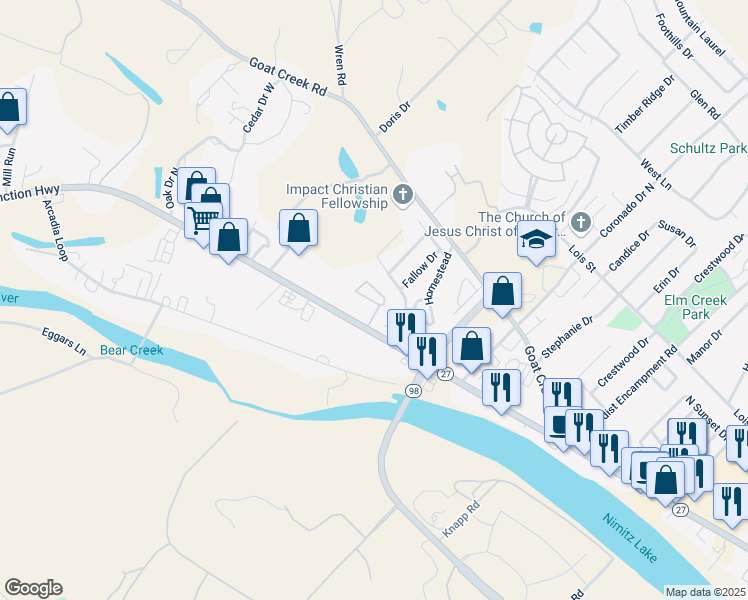 map of restaurants, bars, coffee shops, grocery stores, and more near 1800 Junction Highway in Kerrville