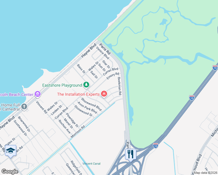 map of restaurants, bars, coffee shops, grocery stores, and more near 14528 Duane Road in New Orleans