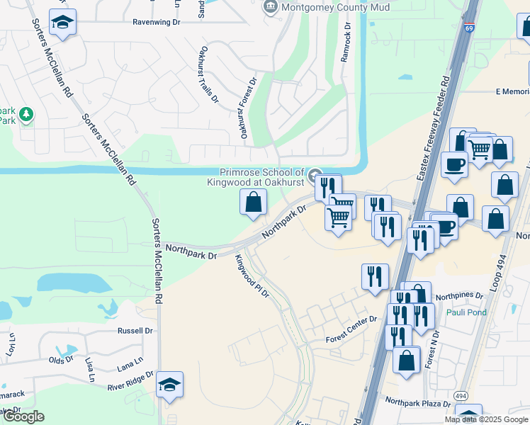 map of restaurants, bars, coffee shops, grocery stores, and more near 22000 Northpark Drive in Houston