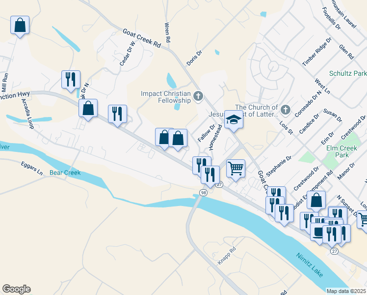 map of restaurants, bars, coffee shops, grocery stores, and more near 1800 Junction Highway in Kerrville