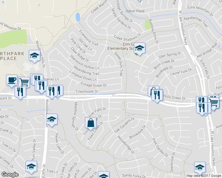 map of restaurants, bars, coffee shops, grocery stores, and more near 2739 Tinechester Drive in Houston