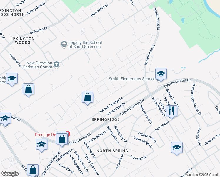 map of restaurants, bars, coffee shops, grocery stores, and more near 2615 Broad Timbers Drive in Spring
