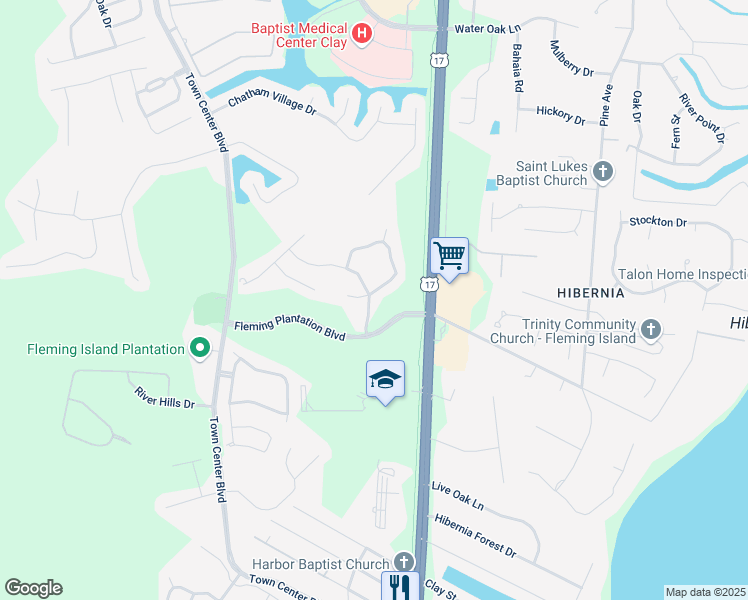 map of restaurants, bars, coffee shops, grocery stores, and more near 1115 Fleming Plantation Boulevard in Fleming Island