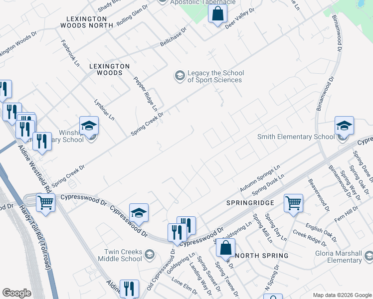 map of restaurants, bars, coffee shops, grocery stores, and more near 24619 Fort Path Drive in Spring
