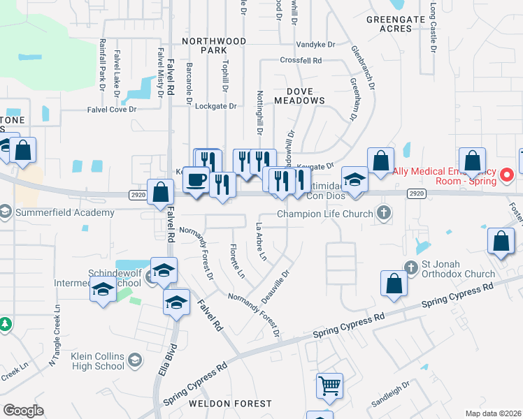 map of restaurants, bars, coffee shops, grocery stores, and more near 3422 La Mer Lane in Spring