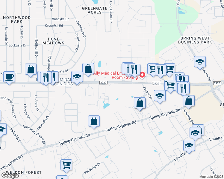 map of restaurants, bars, coffee shops, grocery stores, and more near 2953 Farm to Market 2920 in Spring