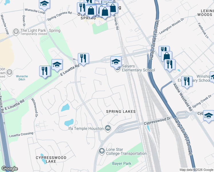 map of restaurants, bars, coffee shops, grocery stores, and more near 25819 Morgan Springs in Spring