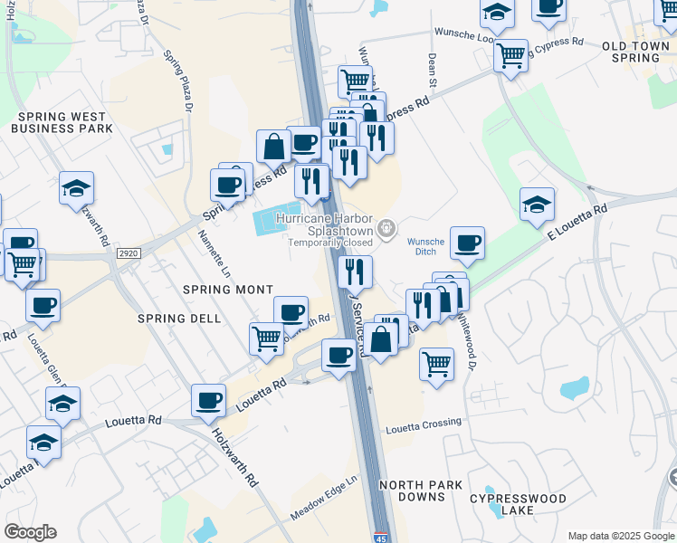 map of restaurants, bars, coffee shops, grocery stores, and more near Interstate 45 North in Spring