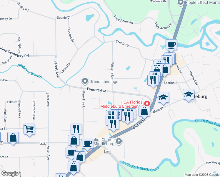 map of restaurants, bars, coffee shops, grocery stores, and more near 2104 Wisteria Lane in Middleburg