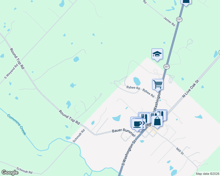 map of restaurants, bars, coffee shops, grocery stores, and more near 565 Bybee Road in Round Top