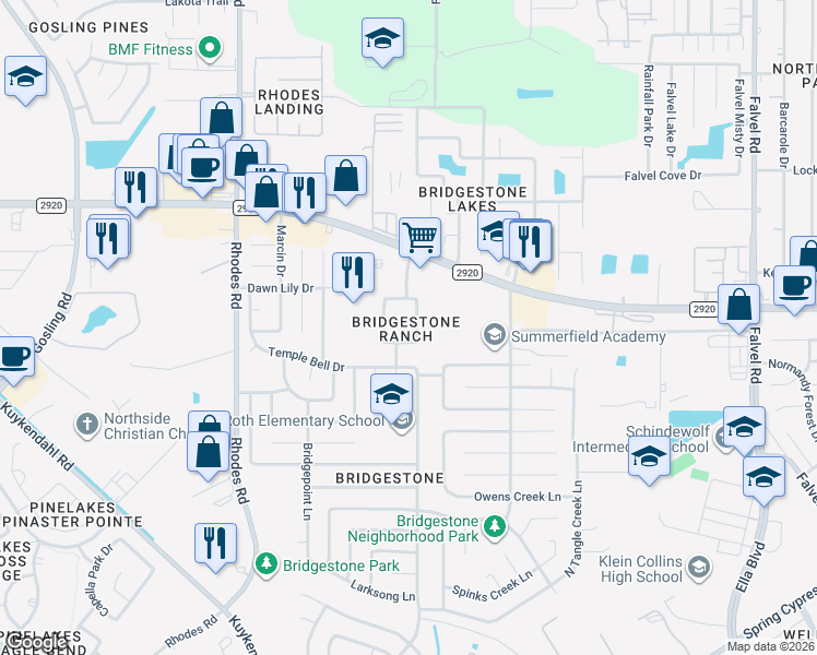 map of restaurants, bars, coffee shops, grocery stores, and more near 4602 Shane Creek Lane in Spring