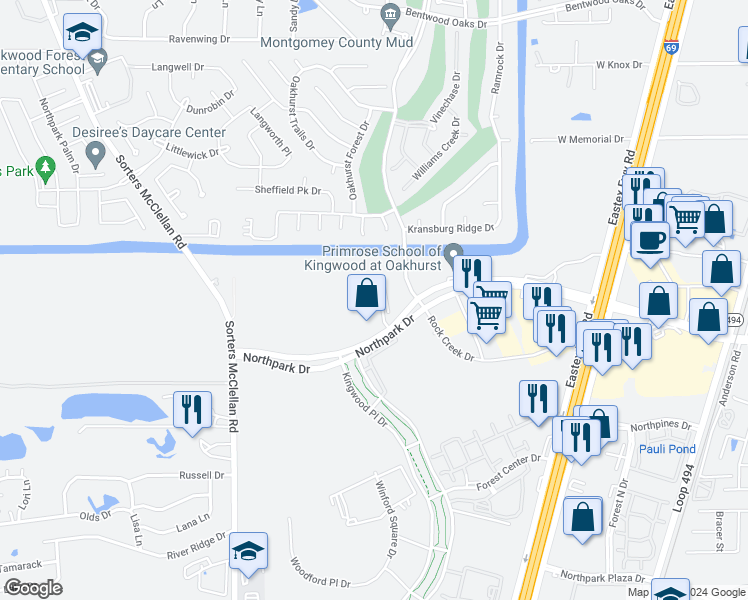 map of restaurants, bars, coffee shops, grocery stores, and more near 22000 Northpark Drive in Humble