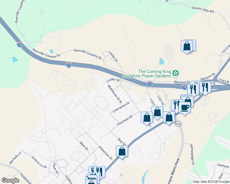 map of restaurants, bars, coffee shops, grocery stores, and more near 302 Mathison Street North in Kerrville