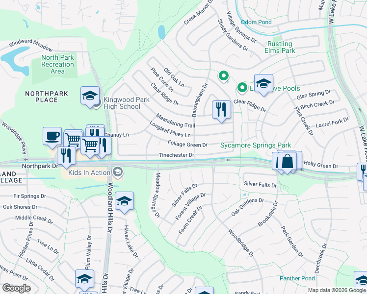 map of restaurants, bars, coffee shops, grocery stores, and more near 2618 Foliage Green Drive in Humble