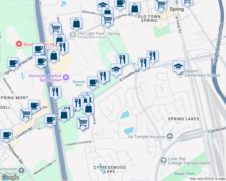 map of restaurants, bars, coffee shops, grocery stores, and more near 25827 Sarah Springs Court in Spring